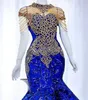 Arabic Aso Ebi Royal Blue Evening Dresses Beaded Crystals Lace Prom Formal Party Second Reception Gowns Dress Plus Size