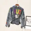 Kvinnor jackor Spring Autumn Women Street Fashion Graffiti Denim Jacket Kvinnlig kort fristad råskuren nitjacka fransar Jean Coat Outwear 230207