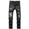 Men's Jeans Men Biker Streetwear Paisley Bandana Print Patch Stretch Denim Pants Patchwork Holes Ripped Slim Straight Black Trousers AYS3