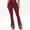 Women's Pants Sexy Women High Waist PU Leather Stretch Leggings Fashion Solid Color Wide Leg Split Hem Skinny Female Trousers Streetwear