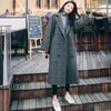 Womens Knits Tees Elegant Women Plaid Wool Coat Korea Retro Dark Gray Double Breasted Long Sleeve Chic Loose Outerwear Ladies Long Jacket Overcoat 230207