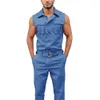 Men's Tracksuits Men Stylish Jumpsuit Overall Sleeveless Pockets Wasit Belt Zipper Work Clothes 230206