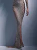 Casual jurken vrouwen sexy gaas pailletten split fishtail vrouw Vneck lange mouw maxi zomer elegante dame feestavond 230207