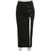 Skirts Women Gothic Punk High Waist Midi Long Bodycon Pencil Skirt Sexy Side Split Metal Pins Calf Length Slim Black Clubwear