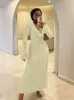 Casual Dresses Women Knitted Long Dress Autumn Winter Elegant Pleated A-line Midi Dresses Female V-neck Casual Ladies Ribbed Maxi Robe 230207