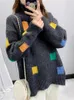 Suéteres de mujer Hsa Y2K Suéter de cuello alto de invierno Versión coreana Más Terciopelo Cálido Suéter suelto Punto Estampado cuadrado Jerséis