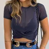 Women's Blouses Women Short Slim T Shirt 2023 Summer Sexy Sleeve Solid Color O Neck High Waist Female Cross Pleated Tops