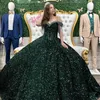 Emerald Dark Green Quinceanera Dress 2023 Puffy Sweet 16 Ball Gown Beading Wine Vestidos De 15 Anos Lace-Up Corset Back Off-the-Shoulder Quince Burgundy Velvet Sequin