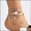 Anklets 4 Pcs/Set Boho Star Natural Shell Stone Anklet Bracelet Woman Summer Beach Vintag Sier Beads Chain On The Leg Foot Jewelry D Dh5Cq