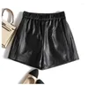 Women's Shorts Lambskin Women Harajuku Simple Casual Pocket Embossing Elastic Waist Real Leather Pants Femme Boots Pantalones Cortos