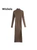 Casual Dresses Willshela Dress Women Long Sleeves High-Neck Elastic Midi Dress Fashion Elegant Chic Lady Knit Sweater Dresses Women robe femme 230207