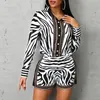 Work Dresses Women Zebra Print Buttoned Shirt & Zipper Short Sets Full Casual Single Breasted Turn-down Collar Above Knee Mini ShortWork