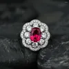 Cluster Rings Trendy 925 Sterling Silver Ruby Diamond Flower for Women Korean Ins Plated White Gold Gemstone Party Ring Gift