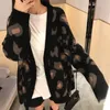 Women's Knits Abrini Women Pink V-neck Leopard Sweater Coat Autumn Winter Loose Knitted Button-up Cardigan Coats Long Sleeve Warm Jackets
