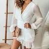 Casual jurken 2023 Herfst lange mouw chiffon jurk sexy bodycon heup geplooide mini wit temperament slanke ruche rok vrouwen