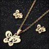 Pendant Necklaces Stainless Steel Butterfly Necklace Stud Earring Set For Women Girls Link Chain Lovely Sier Gold Jewelry Drop Deliv Dhwv4