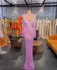 Prom Purple Long Sleeves V Neck Diamonds Appliques Shiny Sequins Beaded Floor Length Celebrity Formal Hollow Sexy Evening Dresses Plus Size Custom Made