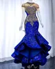 Arabische aso ebi koninklijke blauwe avondjurken kristallen kristallen kant prom formal feest tweede receptie jurken jurk plus maat