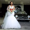 Vestido De novia sirena tren hinchado tul encaje flores De cristal manga larga ilusión talla grande vestido De novia personalizado Robe De Mariage