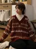 SWEATER KOBIET Vintage Argyle Korean All Match Chic V Neck Ladies Pullovers Student Lazy Style Winter Womens Sweter 230206