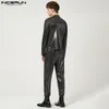 Chándales para hombre, conjuntos de moda 2023, ropa de calle sólida, camiseta Irregular de manga larga con cuello de pico brillante, pantalones, 2 uds., trajes de fiesta para club nocturno INCERUN 230206