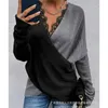 Kvinnors T-skjortor Kvinnor T-shirt Top Spring and Autumn Fashion Lace Stitching Loose Casual Batwing Sleeve V-Neck Pullover