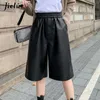 Women's Shorts Jielur Fashion PU Faux Leather Women Elastic Waist Loose Casual Five Points Wide Leg Black Short Female S-3XL Y2302