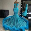 Tüylü güzel mavi pullu balo elbiseleri 2023 Bling denizkızı siyah kızlar akşam elbise şık aso ebi mezuniyet partisi elbisesi kadınlar vestido de fiesta