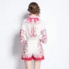 Tracksuits voor dames 2023Summer Pink Ethnic Style Stand kraag wijd uitlopende mouw Flower print tops Gedrukte high-taile shorts Suit