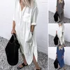 Casual Dresses Long Summer Dress Women Linen Sundress V-Neck Solid Color Slit Pocket Button Shirt Loose Holiday Beach Party