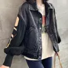 Damenjacken Flugjacke Herbst Damen Koreanischer Stil Lose Schwarze Nähte Lässige Denim Gestrickte Kurze Damen