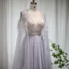 Robes de soirée Sharon Said luxe Dubai Silver Grey soirée avec plume Cape châle femmes arabes mariage robe de bal formelle SS147 230208