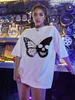 新しい2024女性トップス夏の綿ファッションTシャツ新しい蝶の漫画丸い首ゴシックプリントラウンドネックルーズシャツ