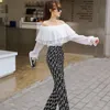 Women's T Shirts EWSFV 2023 Autumn Arrive Women Off-Shoulder Loose Ruffled Pleated Top Solid Lantern Sleeve Chiffon Pullover Long