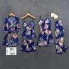 Kadınların Pijamat Baskı Çiçek Kadın Giyim Takım Kıyafet Pembe Pijamalar Setleri Bahar Gündelik Giyim Nightwear Kimono Robe Banyo Elbisesi M-XXL