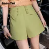 Women's Shorts Seoulish 2021 New Summer Formal Button High Waist Chic Wide Leg Female Solid Elegant Suit Trousers Pocket Y2302