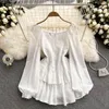 Casual Dresses ZCWXM Spring Ins Square Neck White Puffy Dress Women Long Puff Sleeve Chic Hook Flower Hollowed Slim Mini Beach