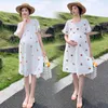 Maternity Dresses Summer Fashion Comfortable Cotton Cherry Embroidered Dress Short Flare Sleeve Pregnant Women Loose Cute