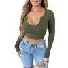 2023 Designer Frühling Frauen T-shirt Mode Komfortable Einfarbig Pit Streifen U Neck Langarm Bodycon Frauen Kleidung Crop Top