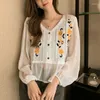 Women's Blouses Chiffon Puff Long Sleeve Button Up Floral Embroidery Hollow Out Crochet Ruffle Hem Peplum Top Cardigan