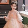 Girl Dresses Light Pink Flower Sweet O-neck Lantern Sleeves Long Ball Gown Sequin Floral Classic Vestidos De Comunion