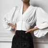 Women's Blouses Taruxy French Long Sleeve Commuter Blouse Shirts Women Elegant Puff V-Neck Button Chiffon 2023 Autumn White Tops