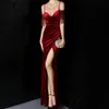 Party Dresses Deep Red Velvet Evening Beading Side Sleeves Mermaid Long Women Sexy Split Shoulder Straps Formal Event Gown 230208