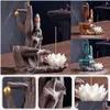 Duftlampen Buddha Hand Räucherstäbchenhalter Lotus Rückflussbrenner Lila Sand Rauch Wasserfall Keramik Räuchergefäß Dekorativer Buddha Dhjl4