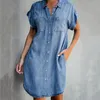 Abiti casual Moda estiva Solido Collo rovesciato Abito camicia di jeans blu Tasche a maniche corte da donna Monopetto