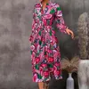 Casual Dresses Womens Stand Up Neck Maxi Prints Dress Loose Long Sleeve Swing Flowy Girdle Evening Party