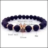 Bärade strängar mode MicroInserts Crown Charm Lava Pärlade armband Kvinnor Män Chakra Healing Ncing Natural Stone 8mm Beads Armel4094559