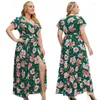 Plus Size Dresses 2023 Summer European And American Style Sexy V-Neck Short Sleeve Print Slit Dress For Women