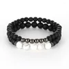 Strand 2Pc/Set Black Abrasive Stone Buddha Beads Bangle Women Men Couple Fashion Jewelry Five Natural Emperor Bead Bracelet