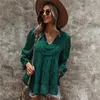 Camicette da donna Primavera Autunno Manica lunga con coulisse T-shirt da donna Solido scollo a V Elegante giunzione palla di pelo Top Casual Donna allentata